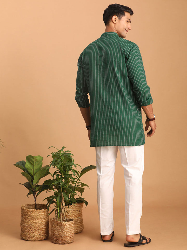 Sarvati Men's Green Striped Cotton Short Kurta With White Pant