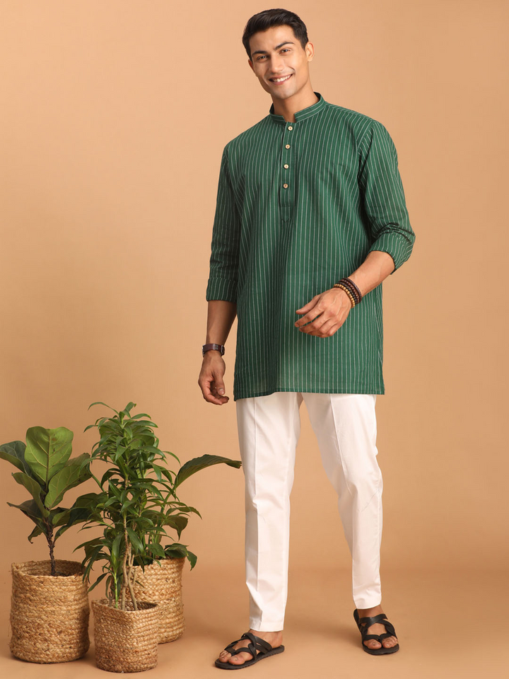 Sarvati Men's Green Striped Cotton Short Kurta With White Pant