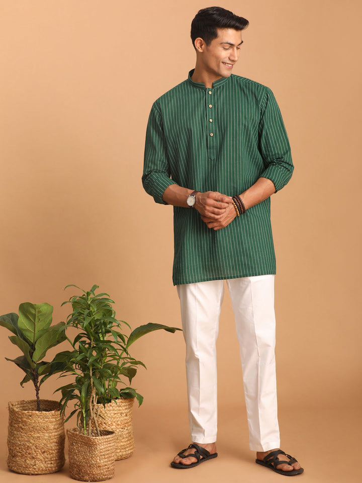 Sarvati Men's Green Striped Cotton Short Kurta With White Pant