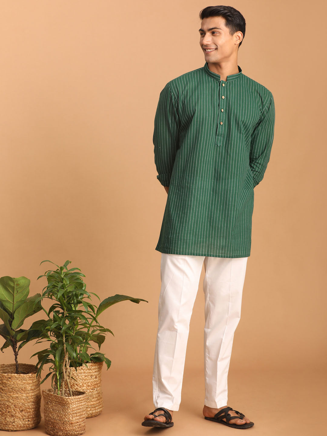 Sarvati Men's Green Striped Cotton Short Kurta With White Pant