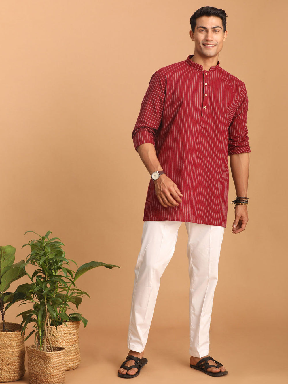 Sarvati Men's Maroon Striped Cotton Short Kurta With White Pant Set