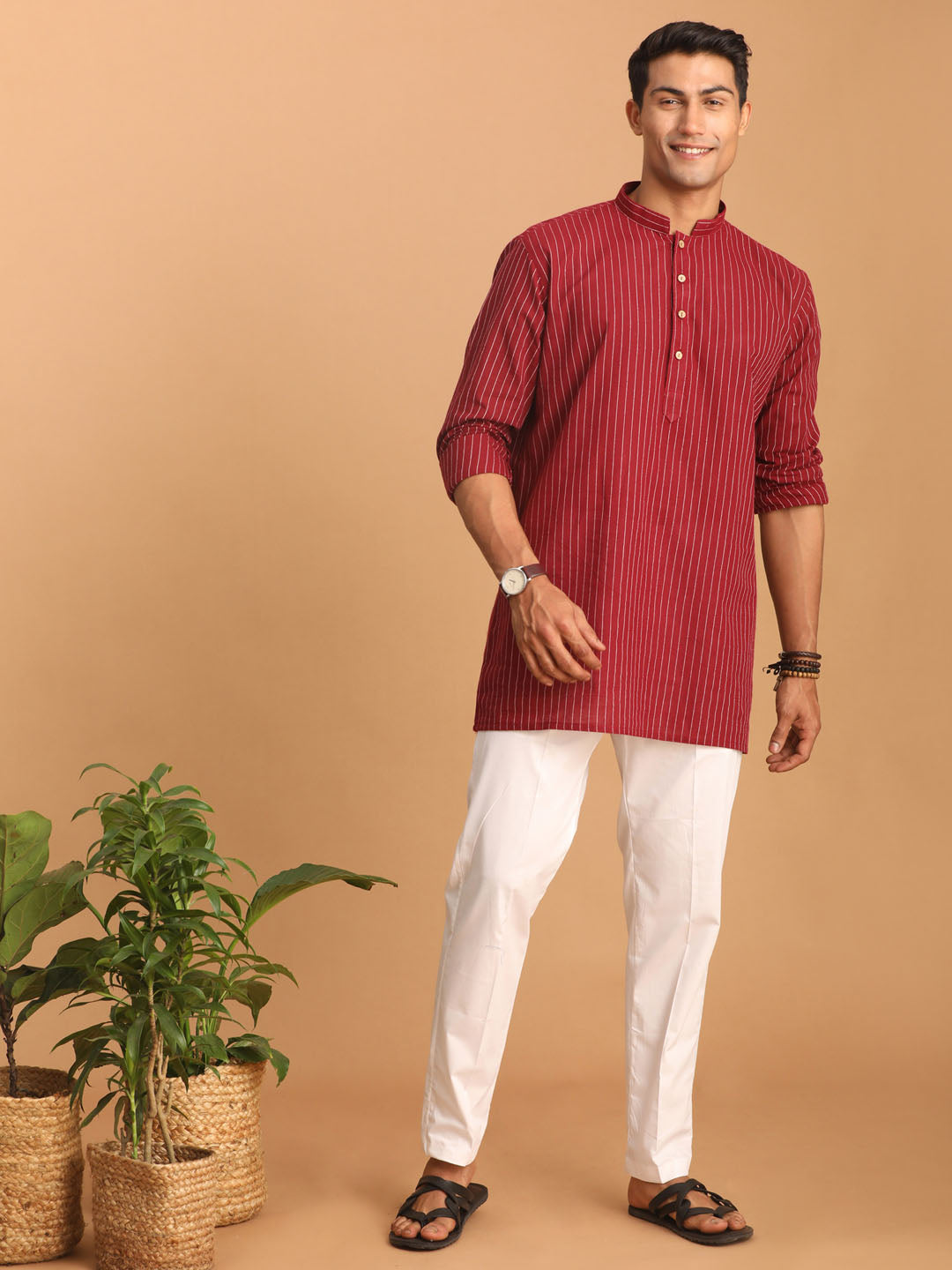 Sarvati Men's Maroon Striped Cotton Short Kurta With White Pant Set