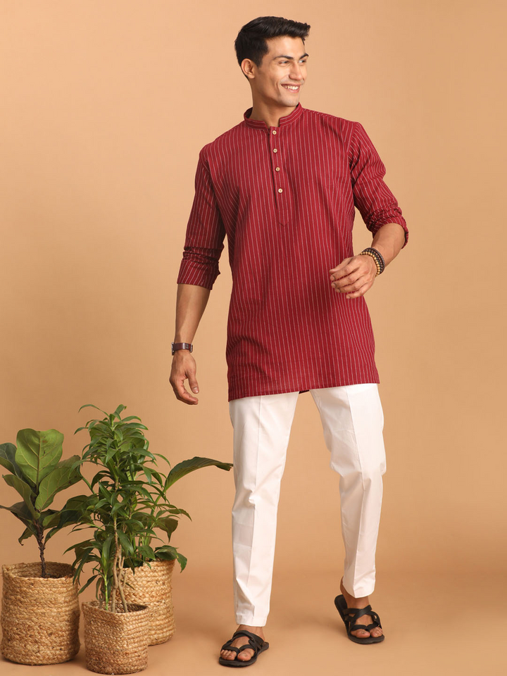 Sarvati Men's Maroon Striped Cotton Short Kurta With White Pant Set