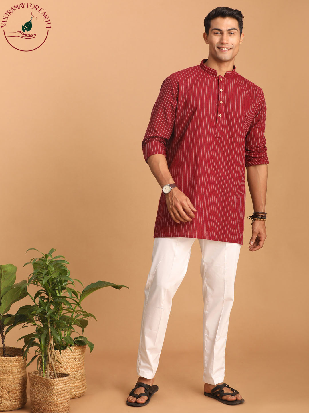 Sarvati Men's Maroon Striped Cotton Short Kurta With White Pant Set