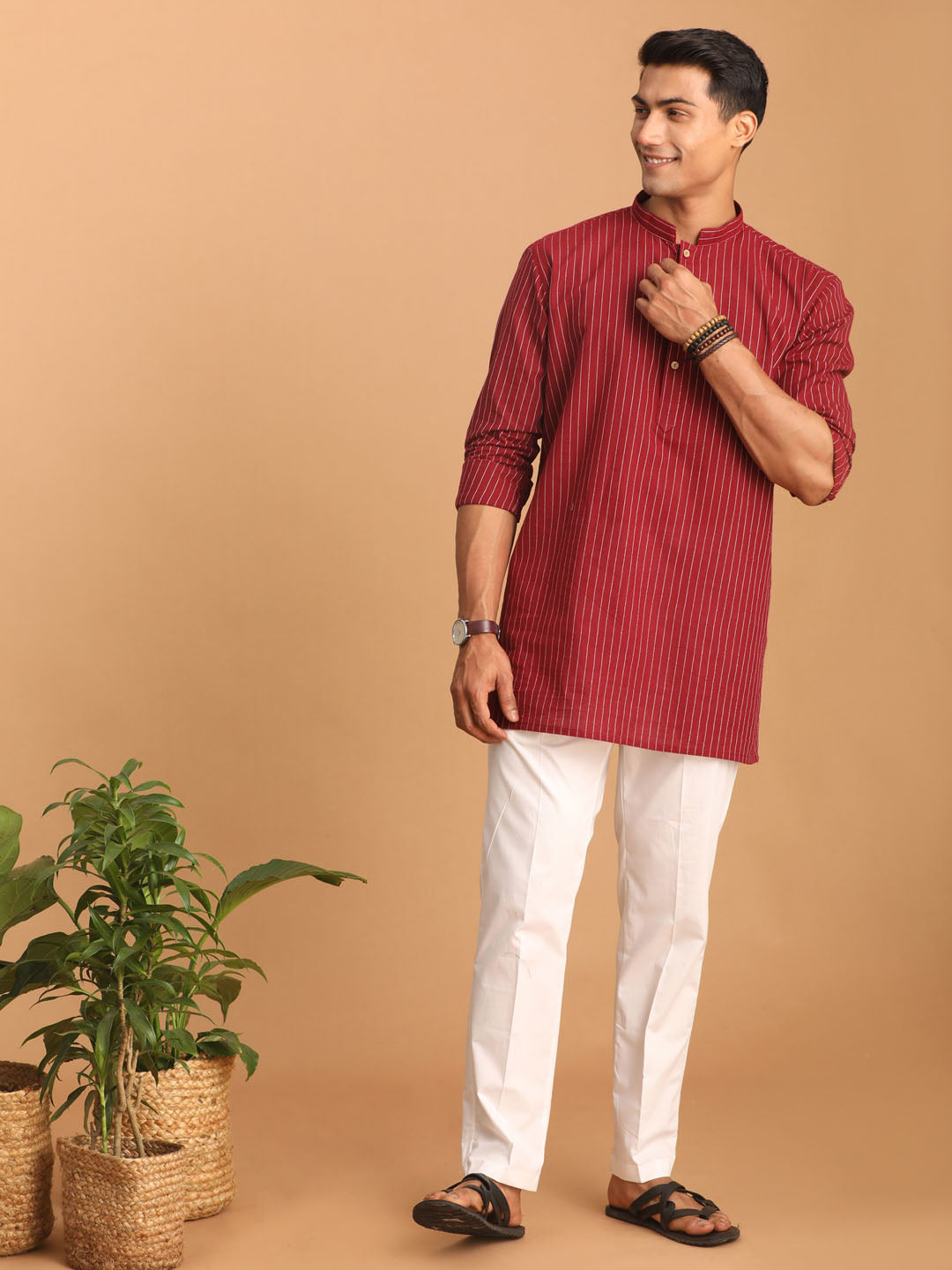 Sarvati Men's Maroon Striped Cotton Short Kurta With White Pant Set