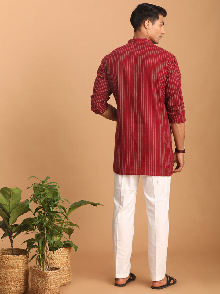 Sarvati Men's Maroon Striped Cotton Short Kurta With White Pant Set