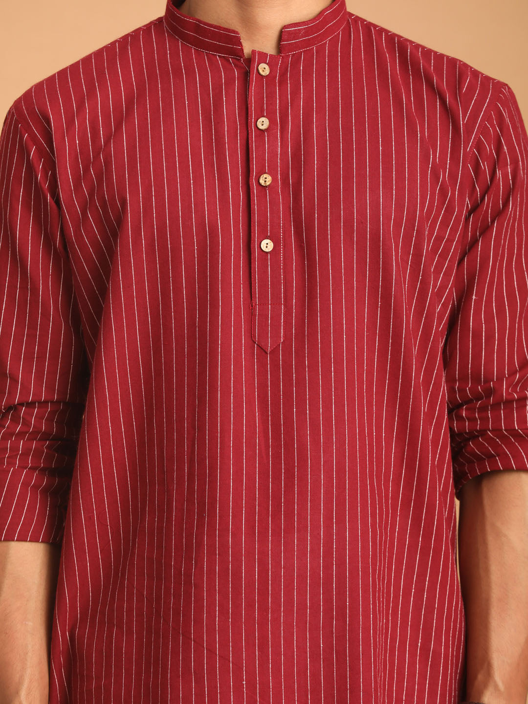 Sarvati Men's Maroon Striped Cotton Short Kurta With White Pant Set