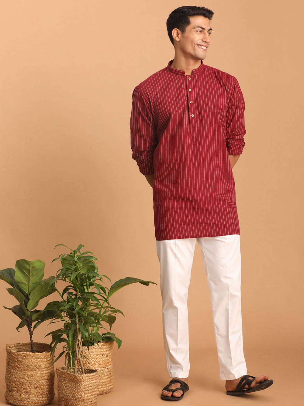 Sarvati Men's Maroon Striped Cotton Short Kurta With White Pant Set