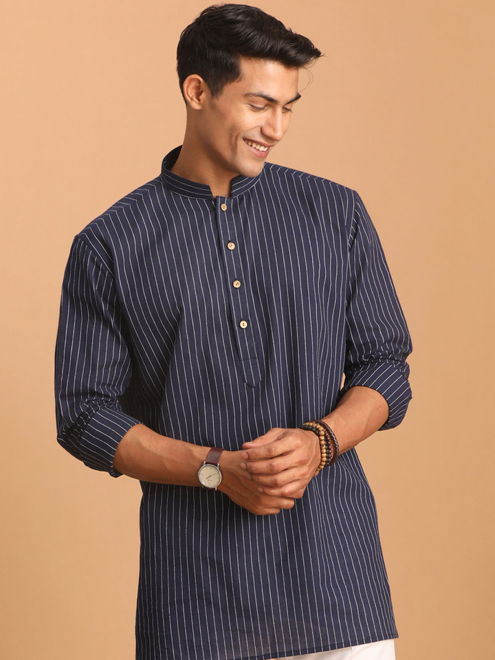 Men's Navy Blue Striped Cotton Short Kurta