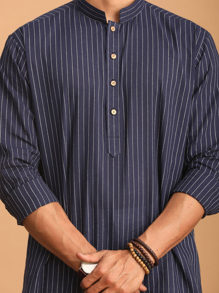 Men's Navy Blue Striped Cotton Short Kurta