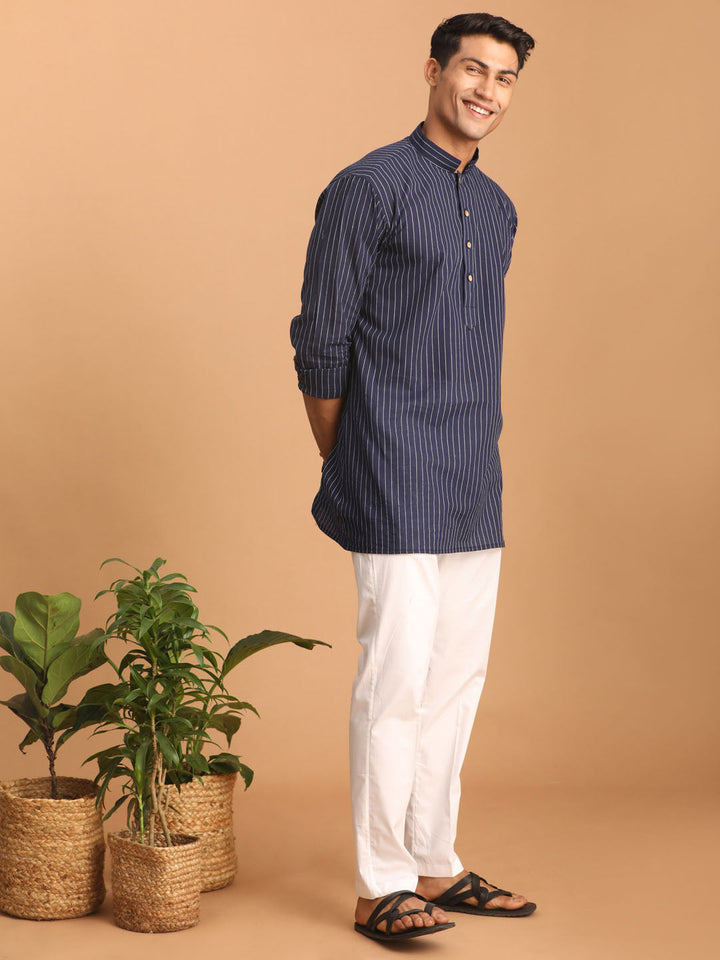 Sarvati Men's Navy Blue Striped Cotton Short Kurta With White Pant Set