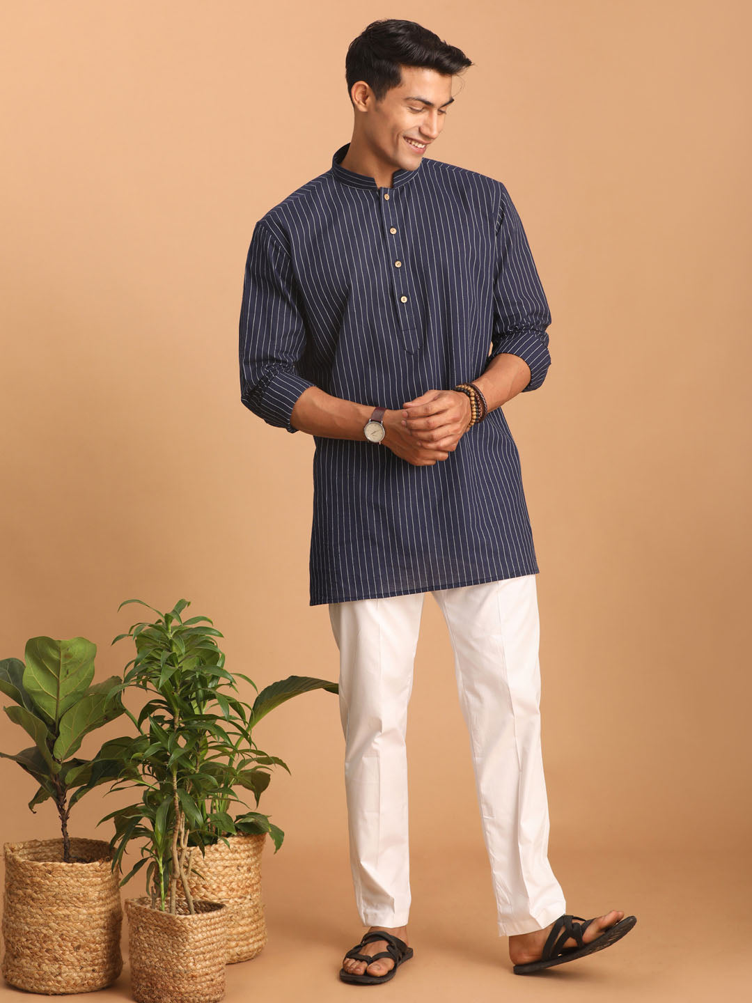 Sarvati Men's Navy Blue Striped Cotton Short Kurta With White Pant Set