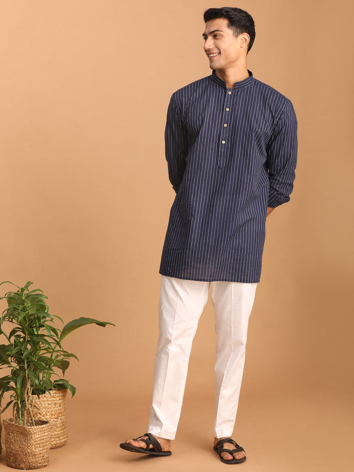 Sarvati Men's Navy Blue Striped Cotton Short Kurta With White Pant Set