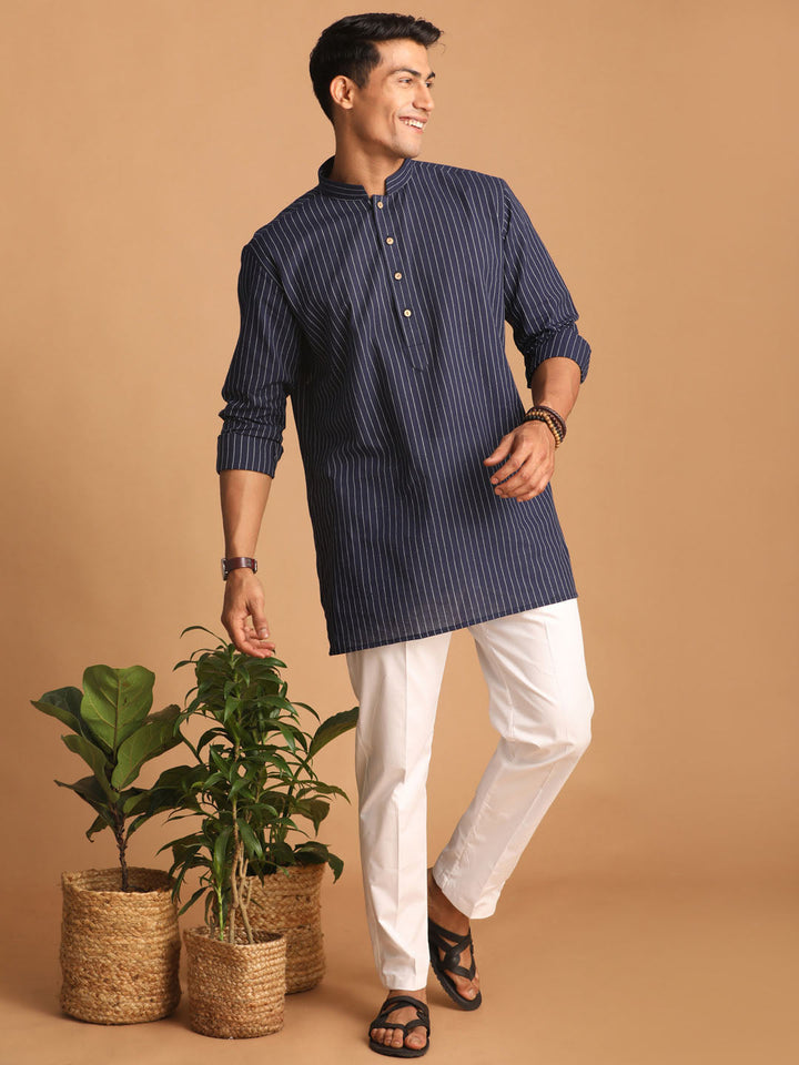 Sarvati Men's Navy Blue Striped Cotton Short Kurta With White Pant Set