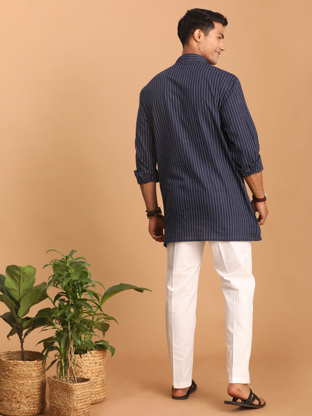 Sarvati Men's Navy Blue Striped Cotton Short Kurta With White Pant Set