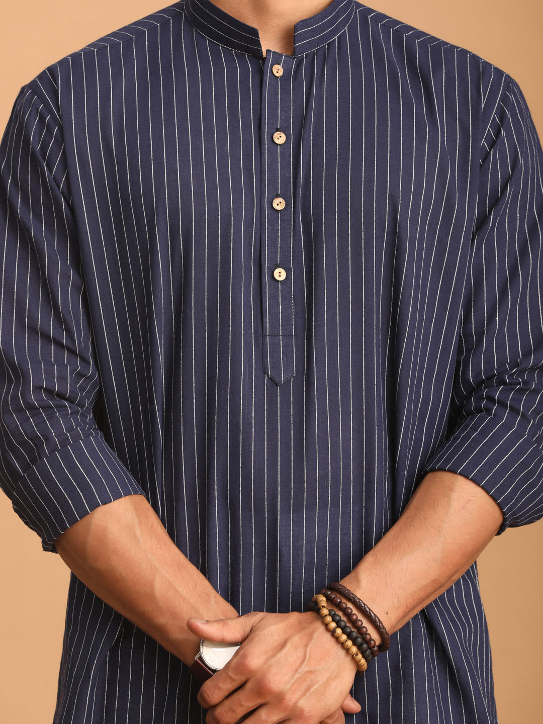 Sarvati Men's Navy Blue Striped Cotton Short Kurta With White Pant Set