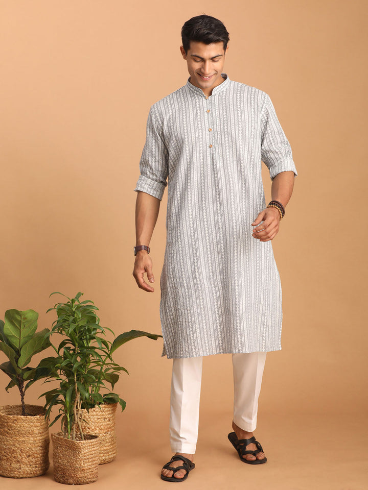 Sarvati Men's Grey And White Batik Printed Kurta with White Pant Set