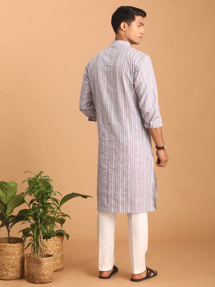 Sarvati Men's Purple And White Batik Printed Kurta with White Pant Set