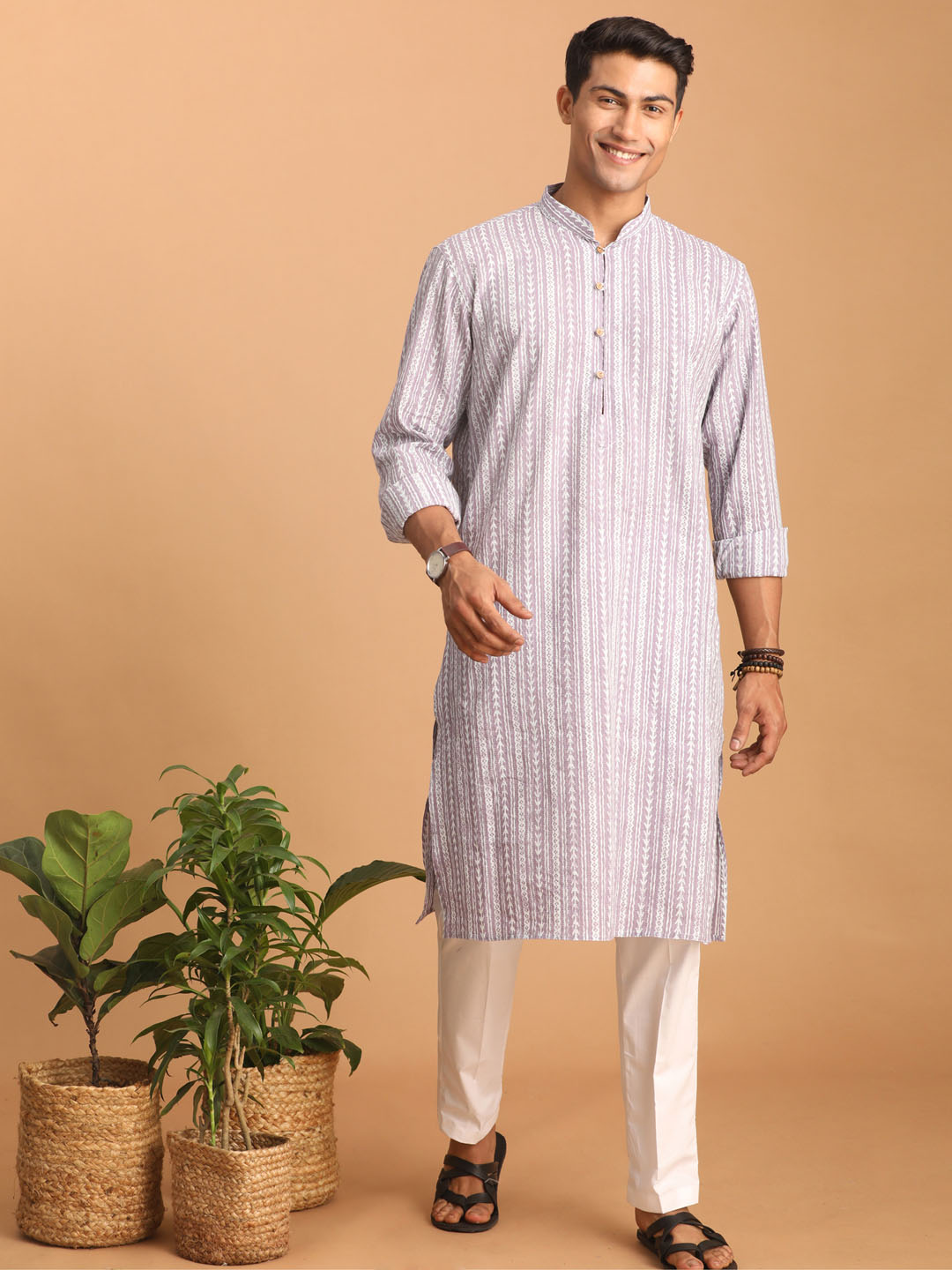 Sarvati Men's Purple And White Batik Printed Kurta with White Pant Set