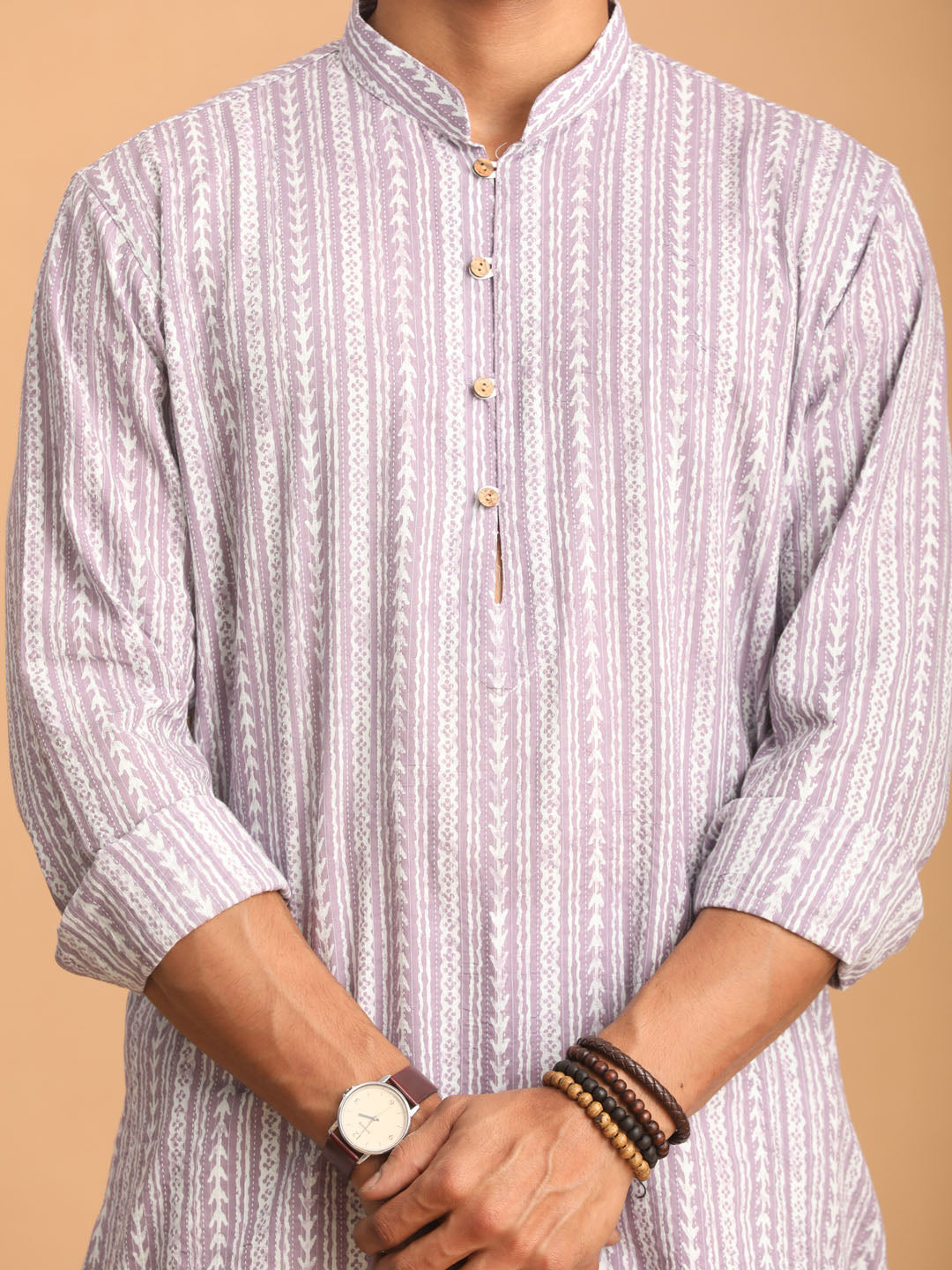 Sarvati Men's Purple And White Batik Printed Kurta with White Pant Set