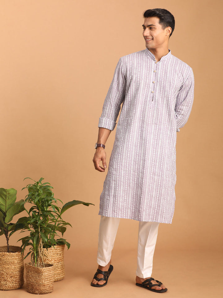 Sarvati Men's Purple And White Batik Printed Kurta with White Pant Set