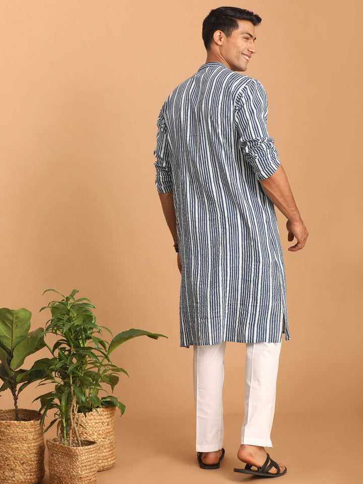 Sarvati Men's White And Blue Striped cotton Kurta with White Pant Set