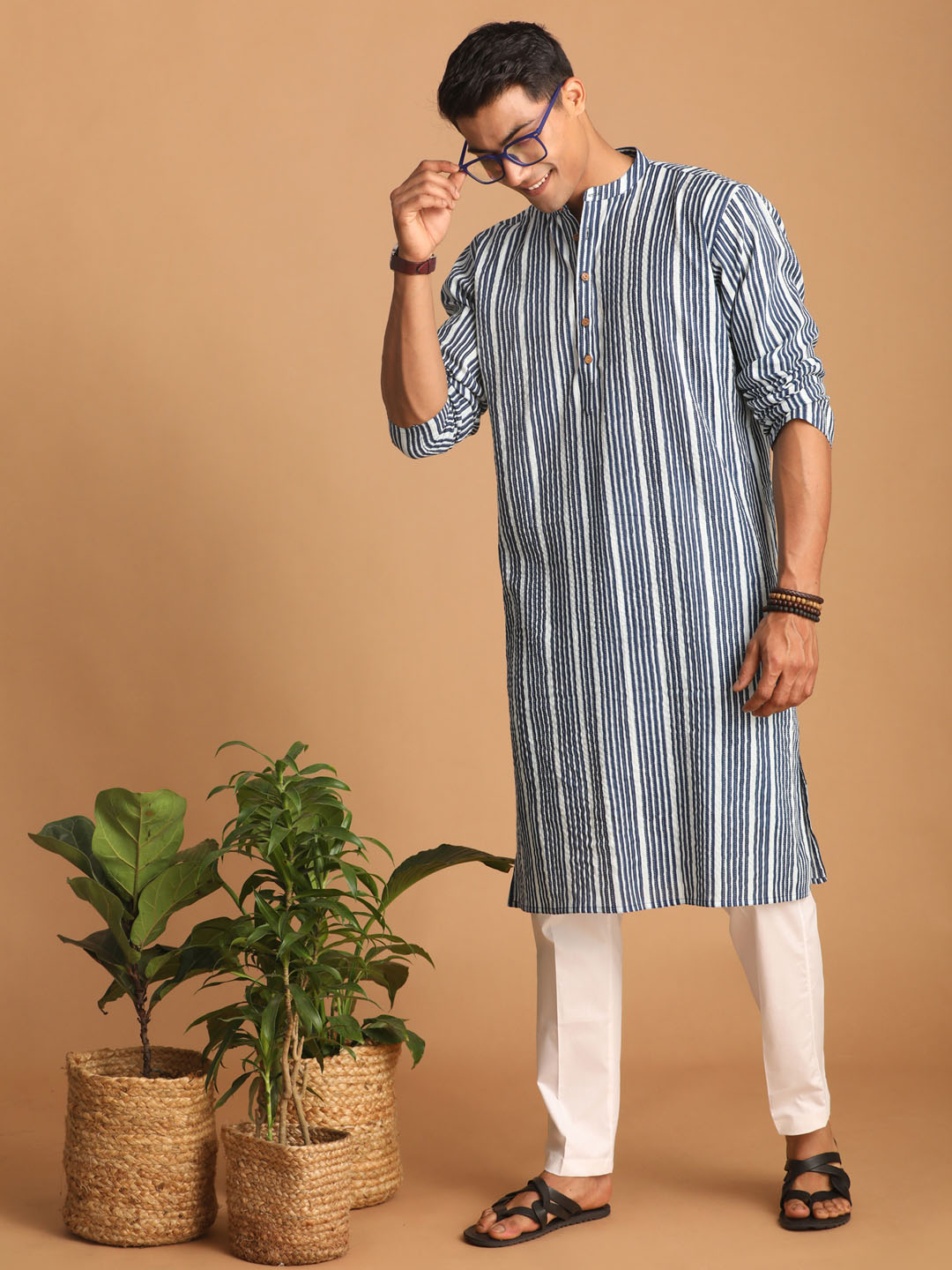 Sarvati Men's White And Blue Striped cotton Kurta with White Pant Set