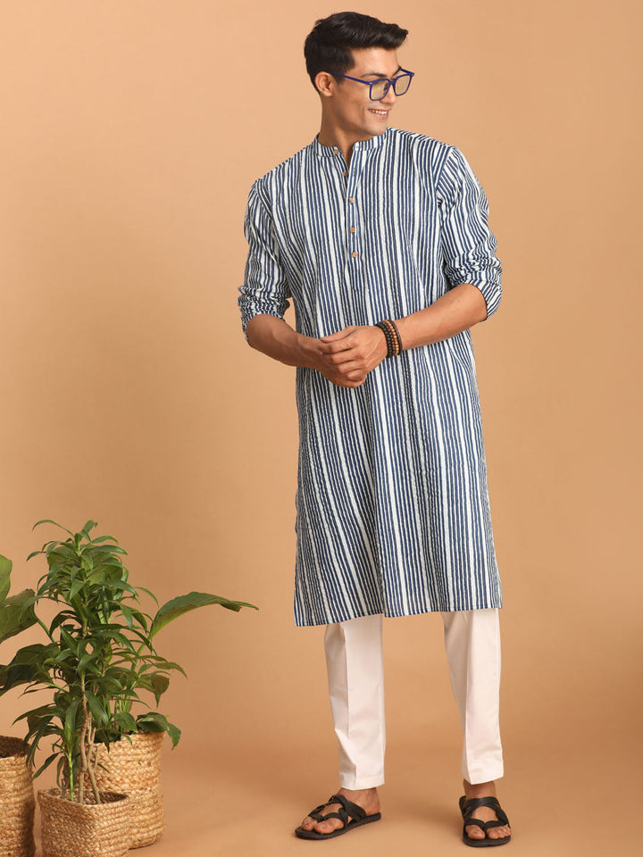 Sarvati Men's White And Blue Striped cotton Kurta with White Pant Set