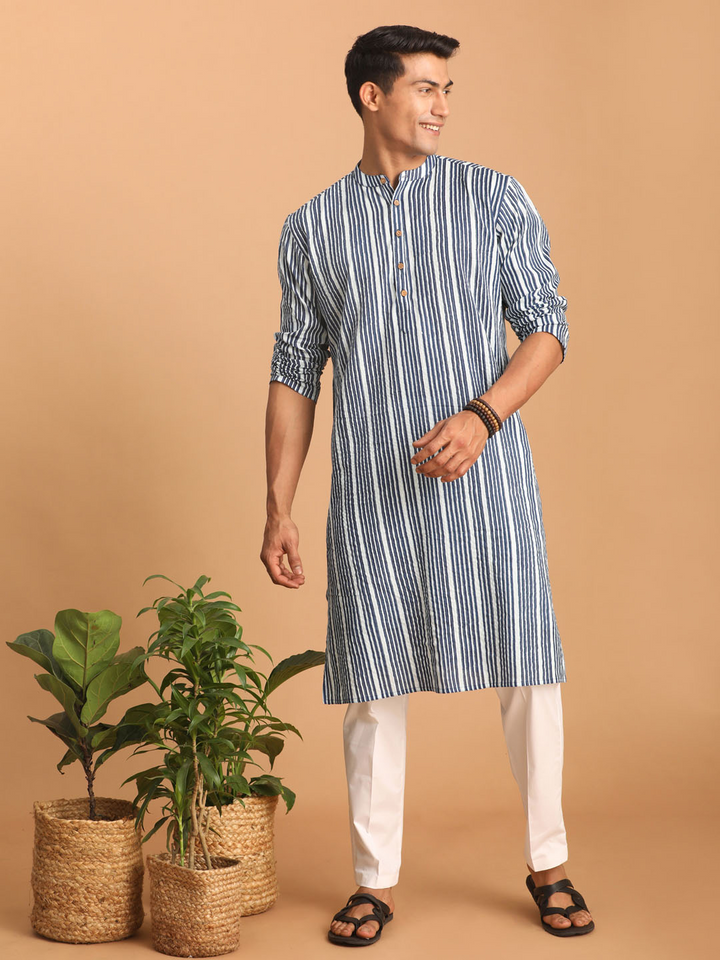 Sarvati Men's White And Blue Striped cotton Kurta with White Pant Set