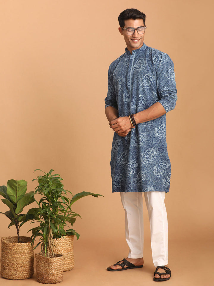 Sarvati Men's Blue Dot Printed Denim Kurta with White Pant Set