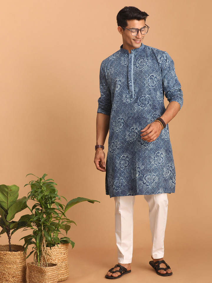 Sarvati Men's Blue Dot Printed Denim Kurta with White Pant Set