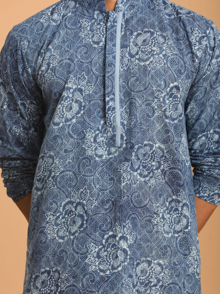 Sarvati Men's Blue Dot Printed Denim Kurta with White Pant Set