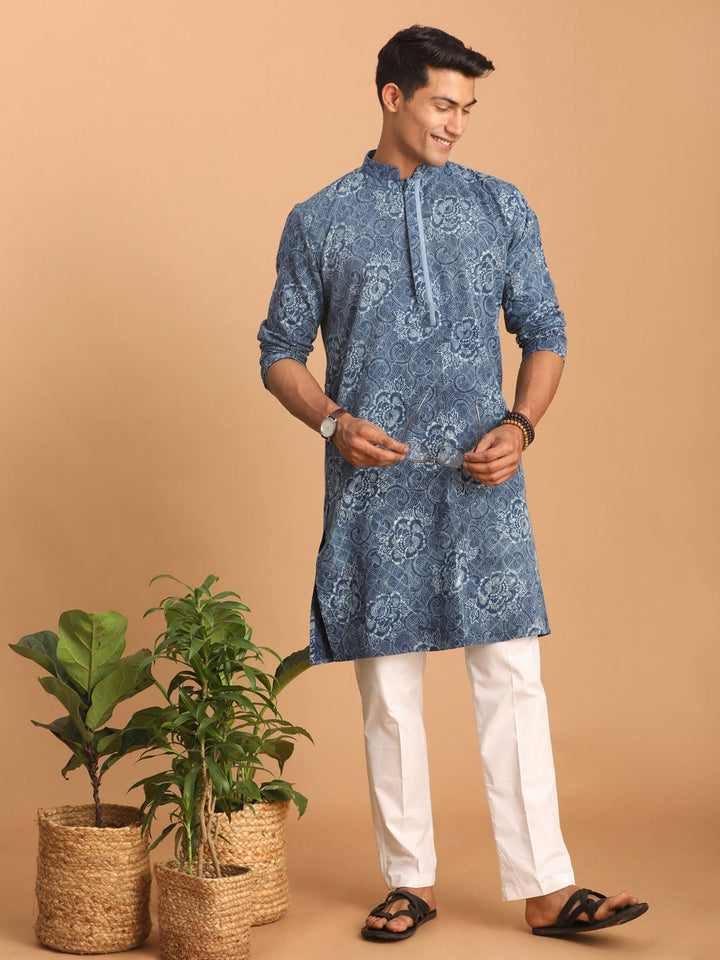 Sarvati Men's Blue Dot Printed Denim Kurta with White Pant Set