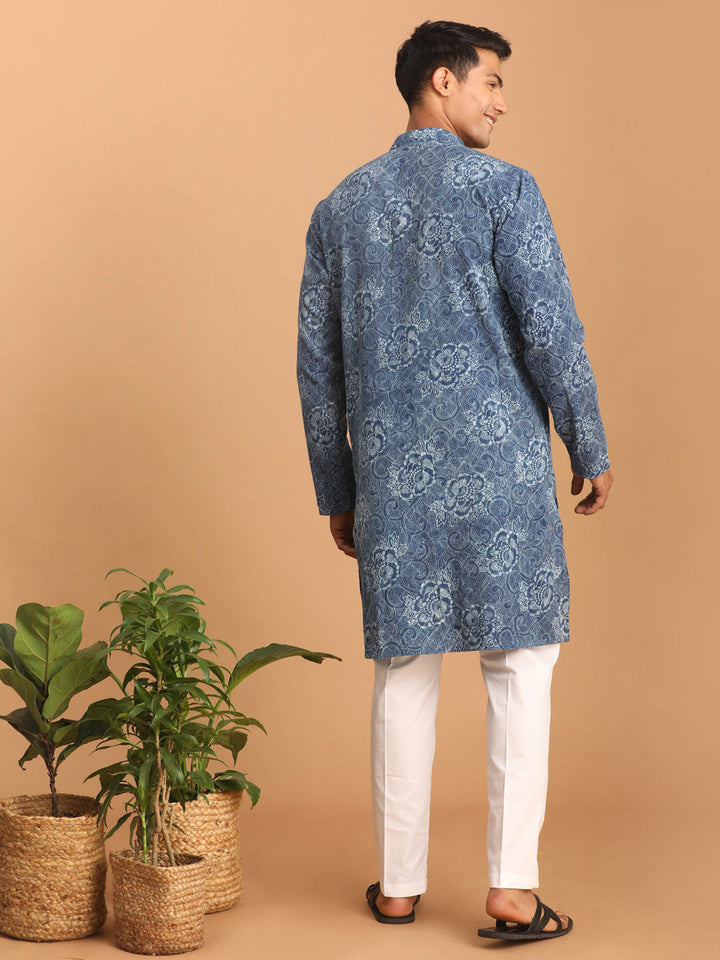 Sarvati Men's Blue Dot Printed Denim Kurta with White Pant Set