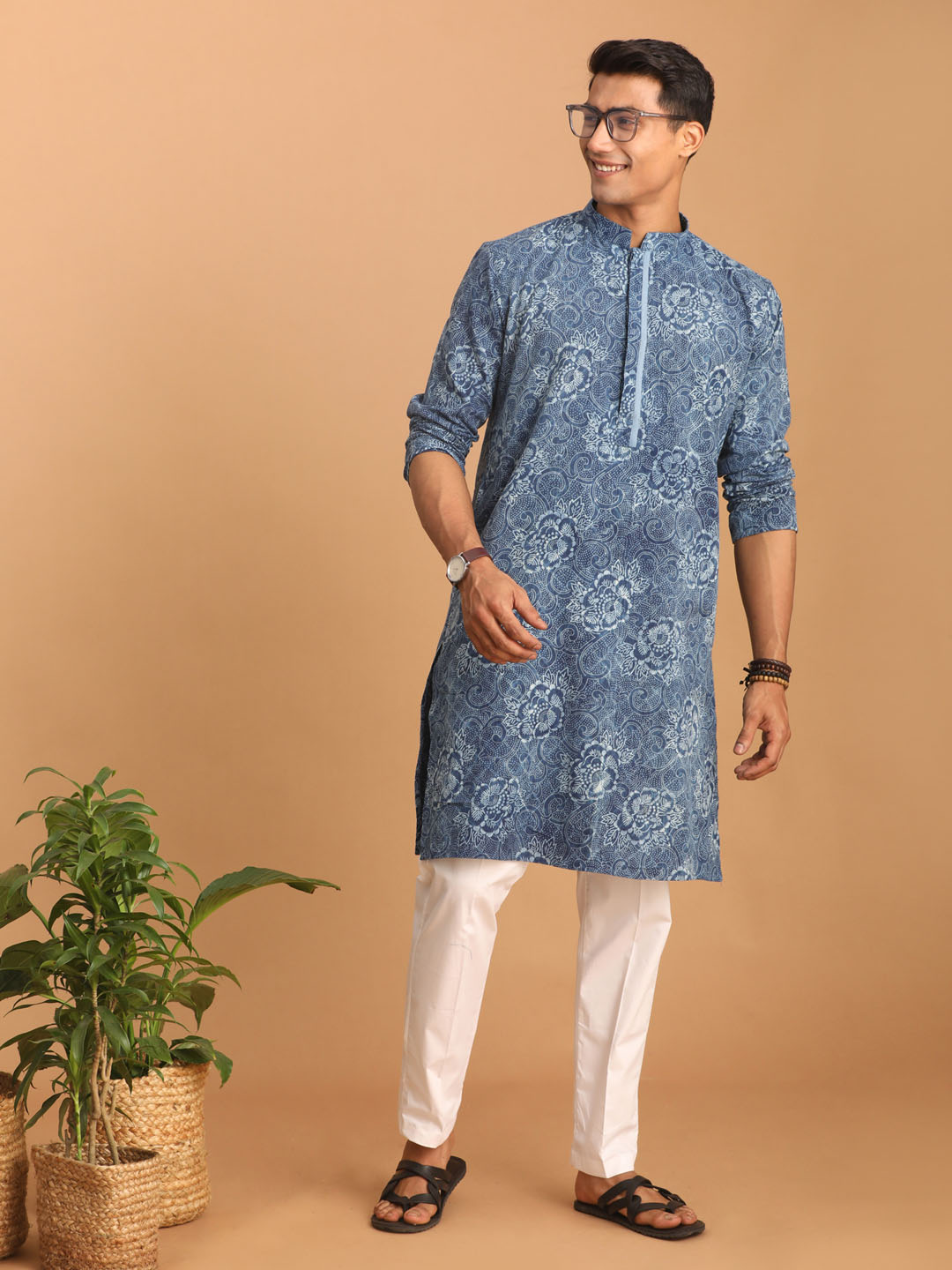 Sarvati Men's Blue Dot Printed Denim Kurta with White Pant Set