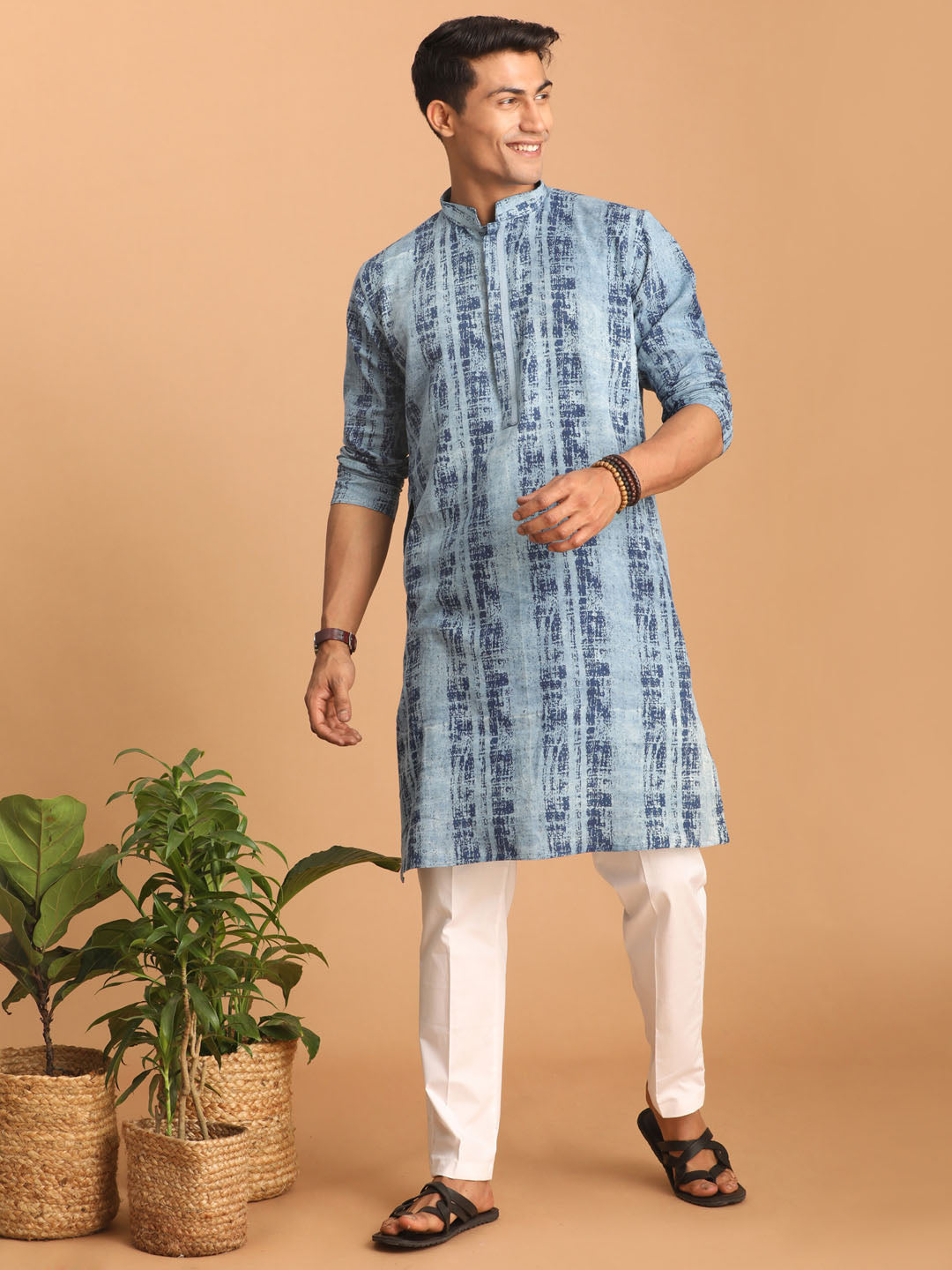 Sarvati Men's Indigo Washed Denim Kurta With White Pant Set