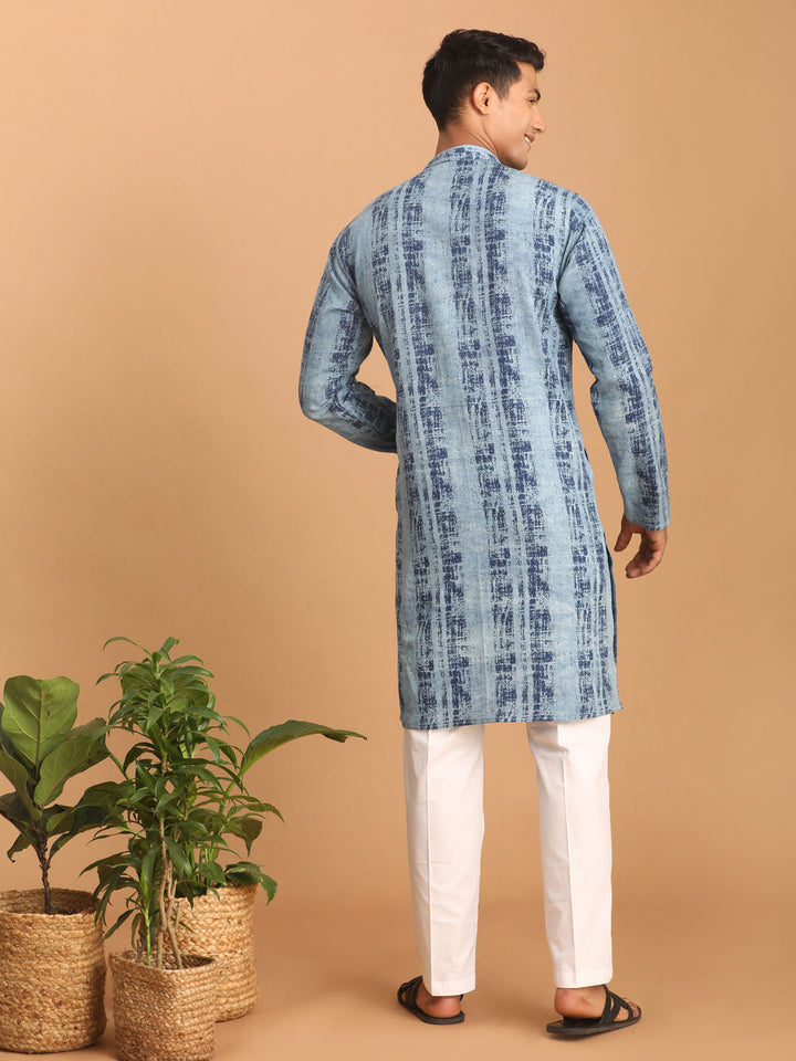 Sarvati Men's Indigo Washed Denim Kurta With White Pant Set