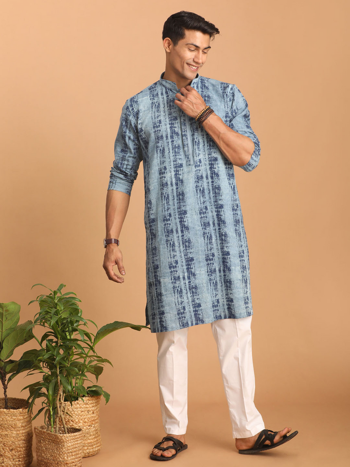 Sarvati Men's Indigo Washed Denim Kurta With White Pant Set