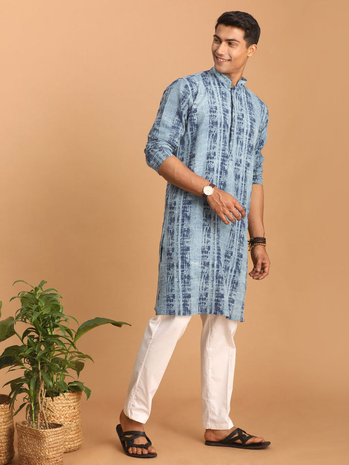 Sarvati Men's Indigo Washed Denim Kurta With White Pant Set