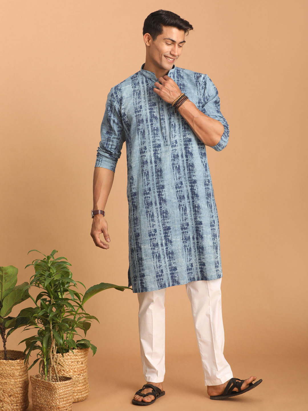 Sarvati Men's Indigo Washed Denim Kurta With White Pant Set