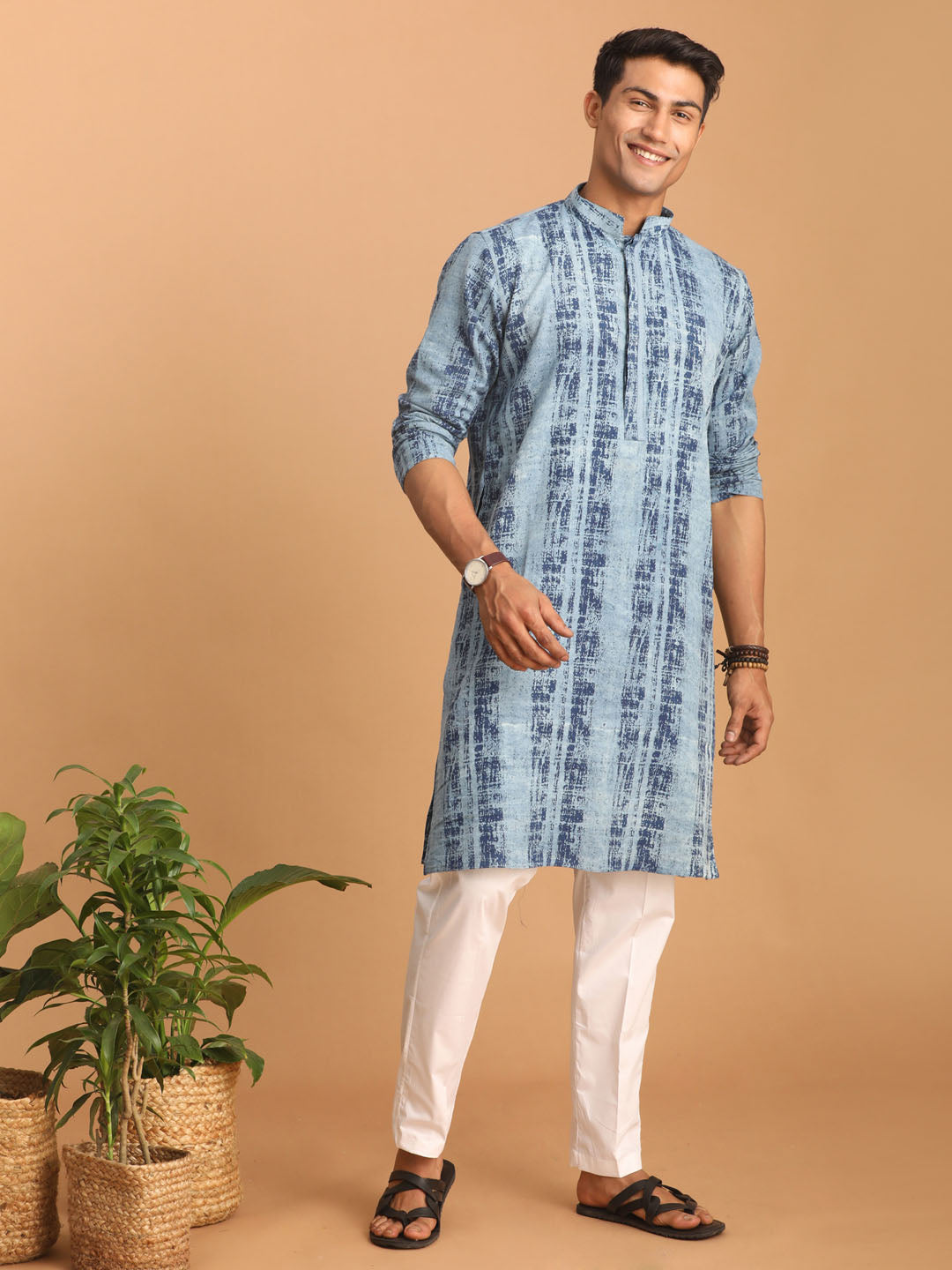 Sarvati Men's Indigo Washed Denim Kurta With White Pant Set