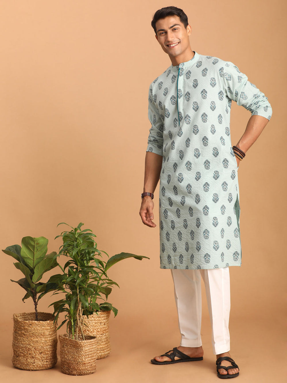 Sarvati Men's Light Green Ethnic Motif Printed Kurta with White Pant Set