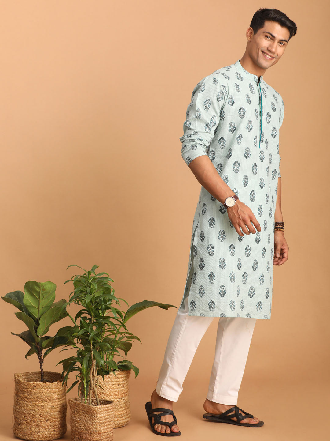 Sarvati Men's Light Green Ethnic Motif Printed Kurta with White Pant Set