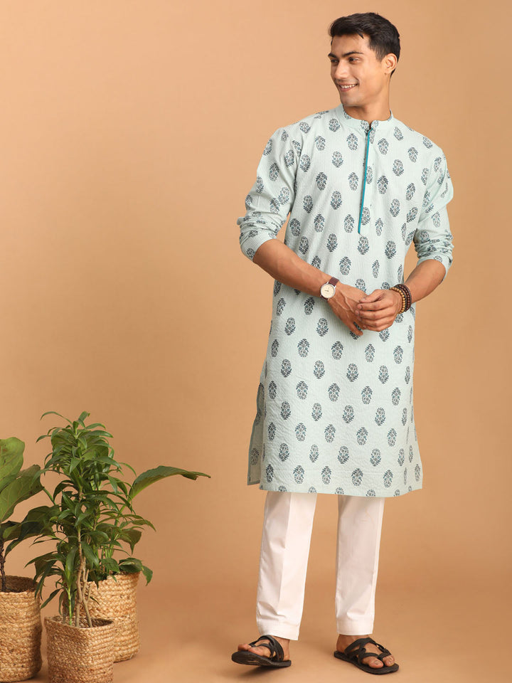 Sarvati Men's Light Green Ethnic Motif Printed Kurta with White Pant Set