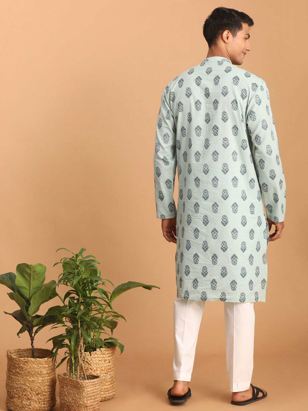 Sarvati Men's Light Green Ethnic Motif Printed Kurta with White Pant Set