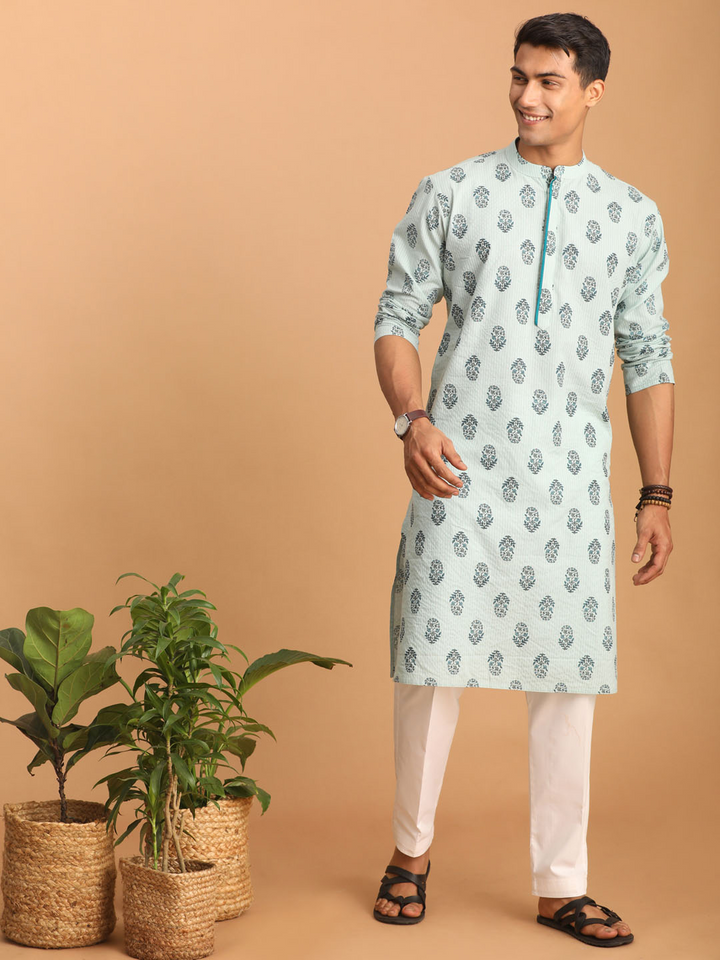 Sarvati Men's Light Green Ethnic Motif Printed Kurta with White Pant Set