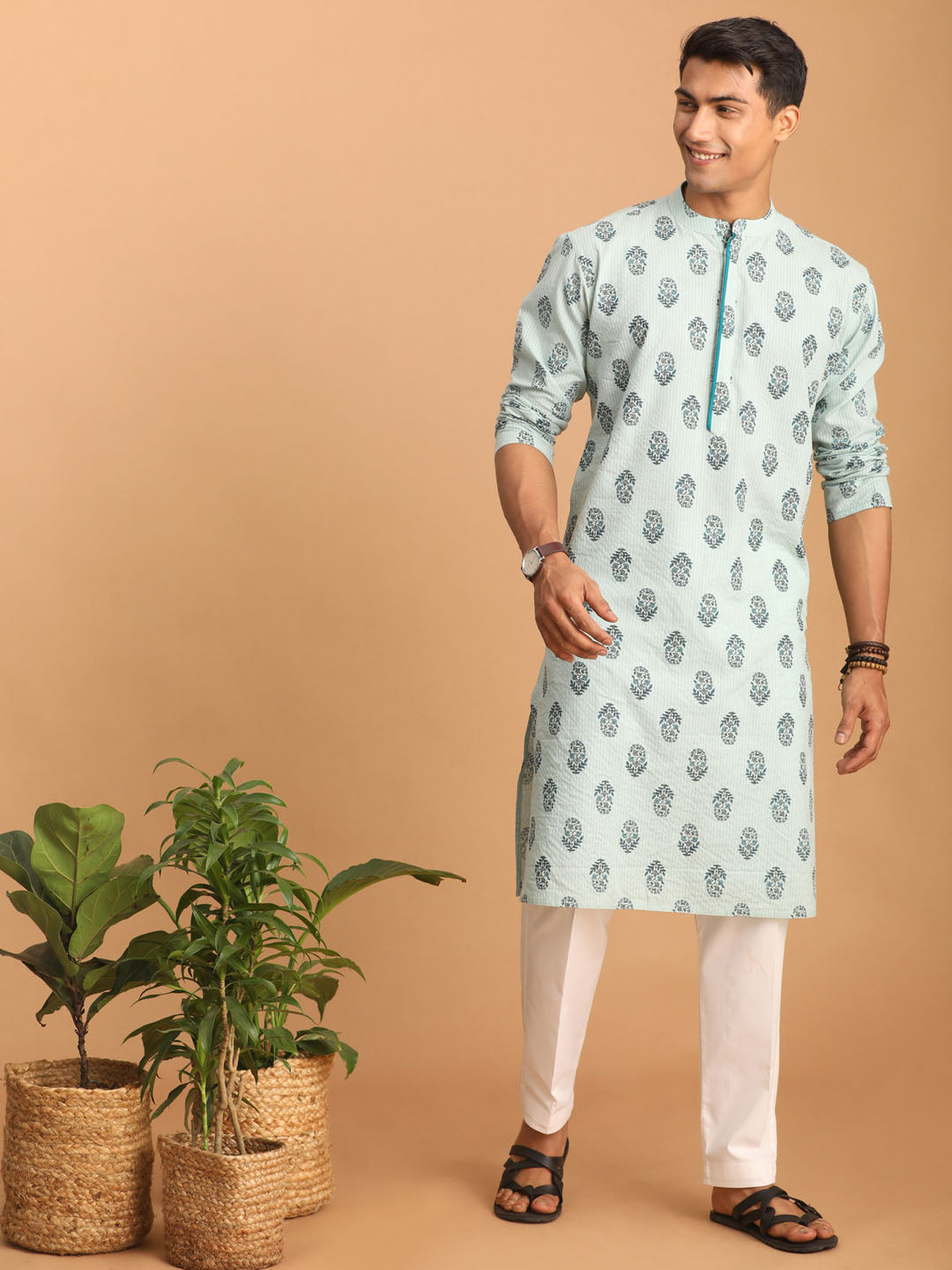 Sarvati Men's Light Green Ethnic Motif Printed Kurta with White Pant Set