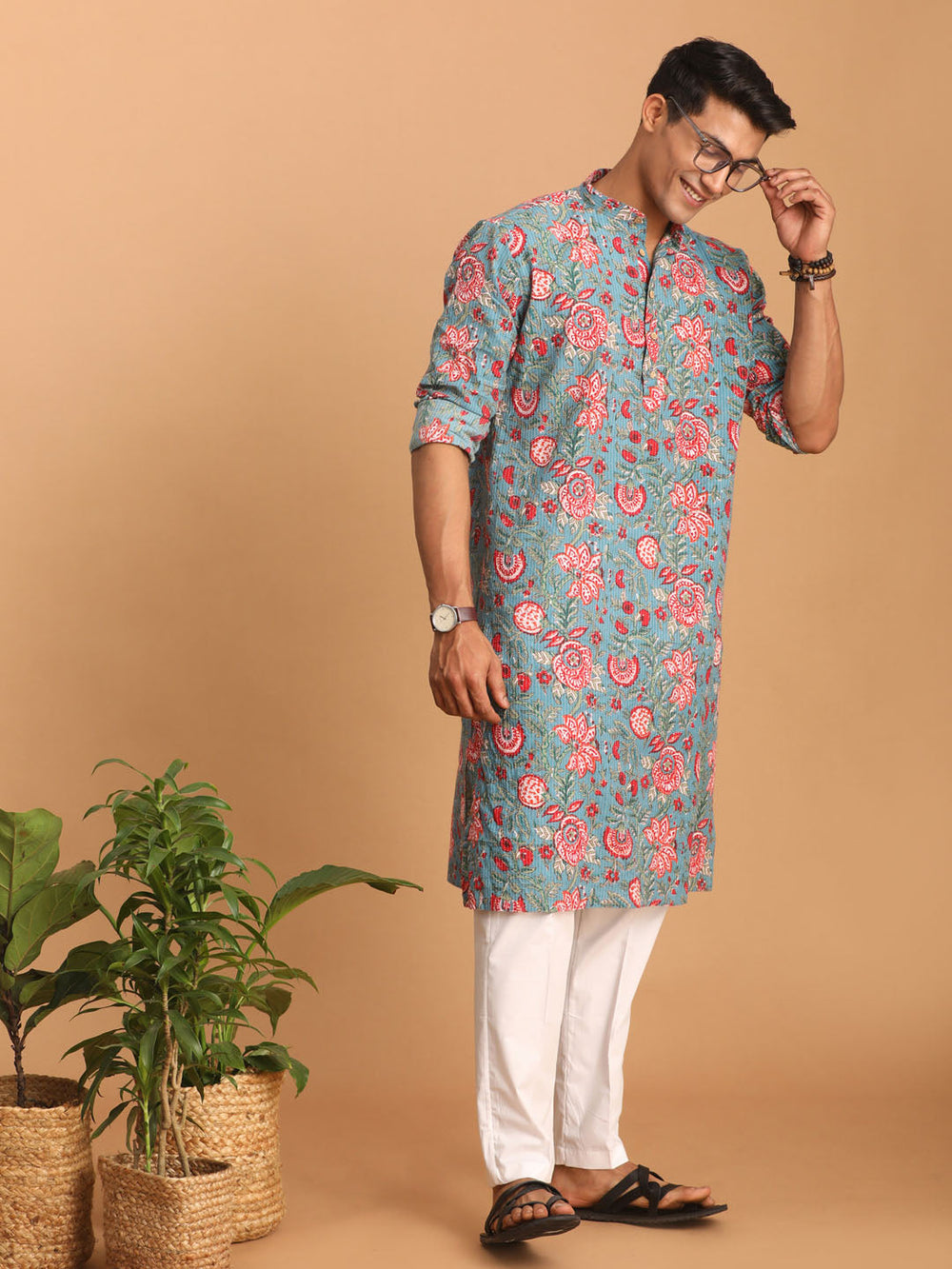 Sarvati Men's Blue And Red Floral Printed Cotton Kurta with White Pant Set