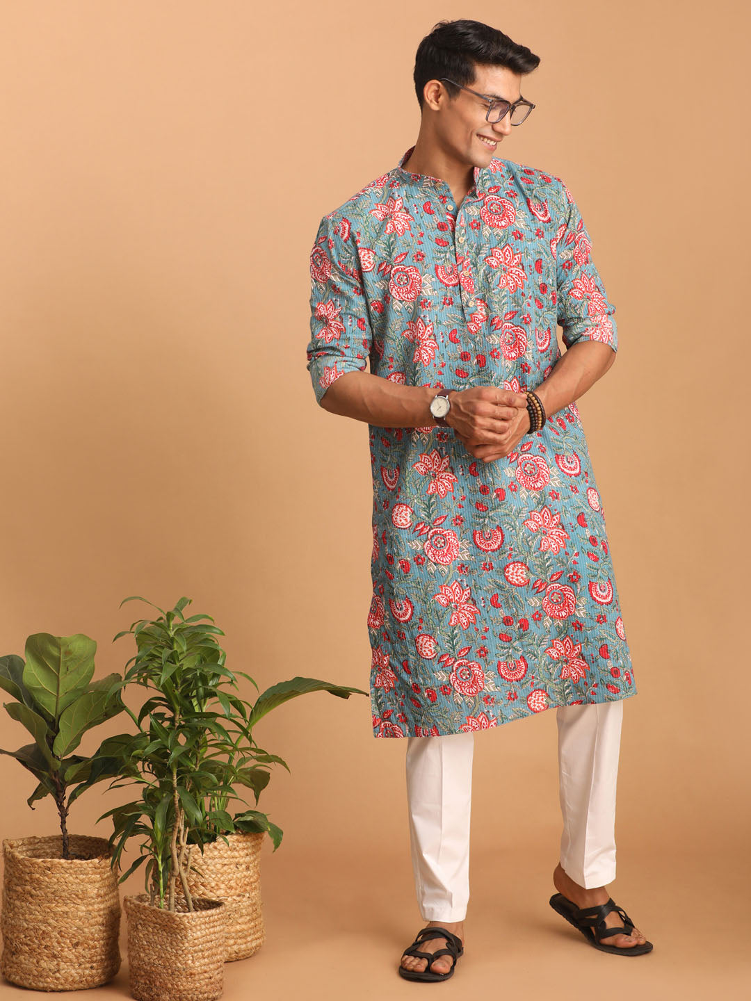 Sarvati Men's Blue And Red Floral Printed Cotton Kurta with White Pant Set