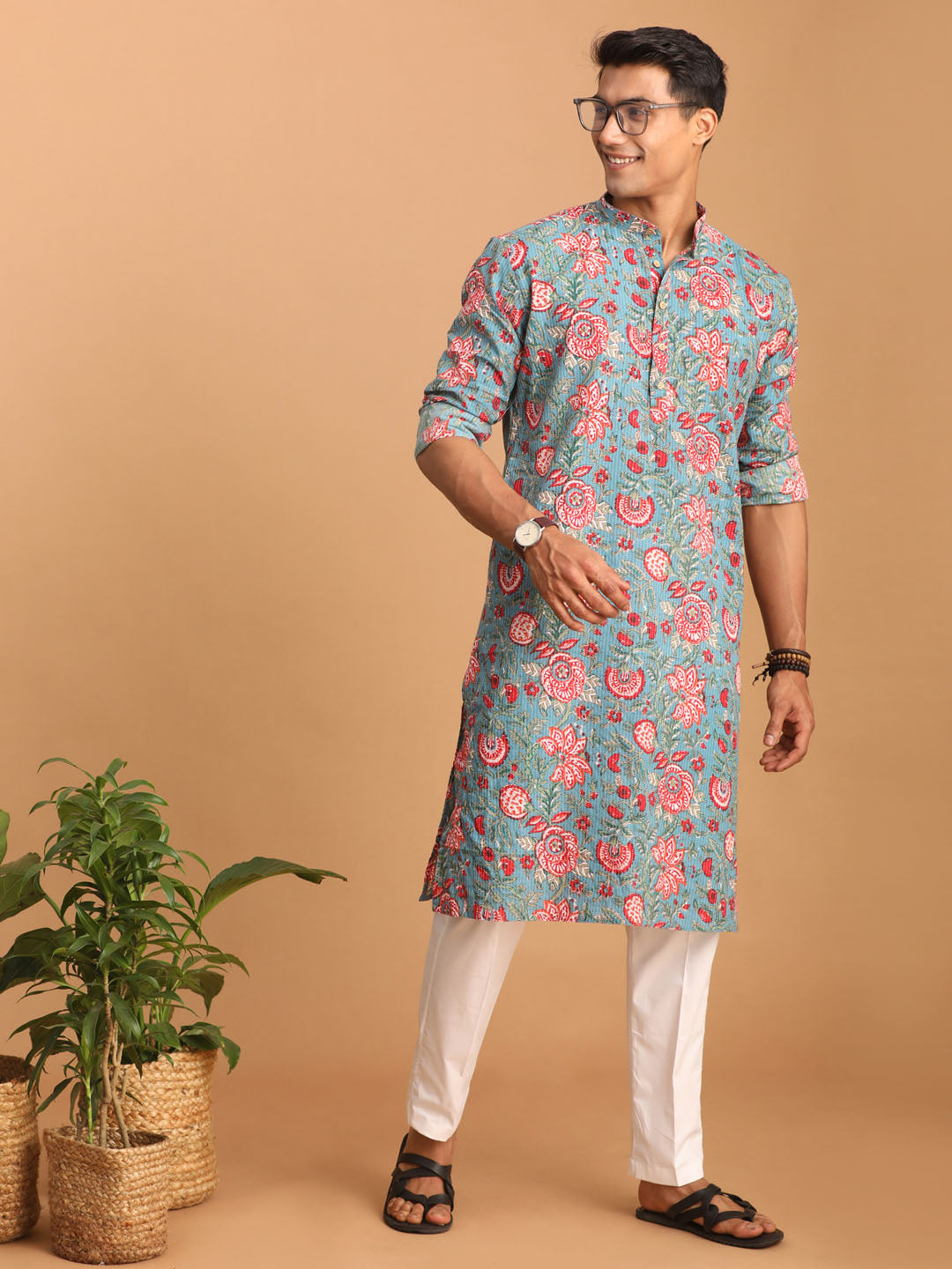 Sarvati Men's Blue And Red Floral Printed Cotton Kurta with White Pant Set